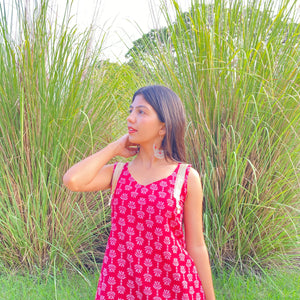 Sweet Red Flower Bagru Hand Print Short Kurti