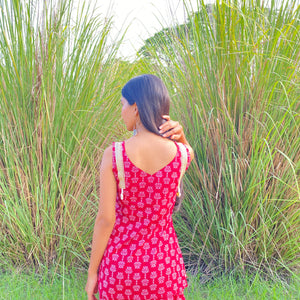 Sweet Red Flower Bagru Hand Print Short Kurti