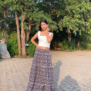 Square Neck White Crop Top with Black Printed Skirt