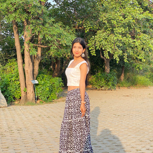 Square Neck White Crop Top with Black Printed Skirt