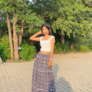 Square Neck White Crop Top with Black Printed Skirt
