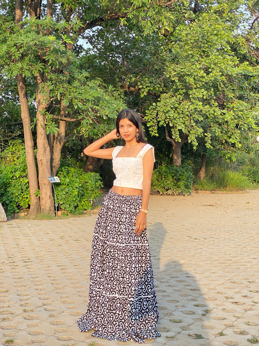 Square Neck White Crop Top with Black Printed Skirt