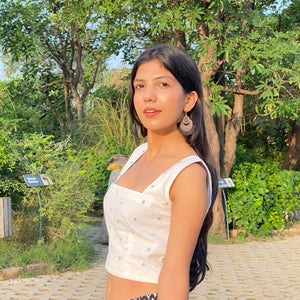 Square Neck White Crop Top with Black Printed Skirt