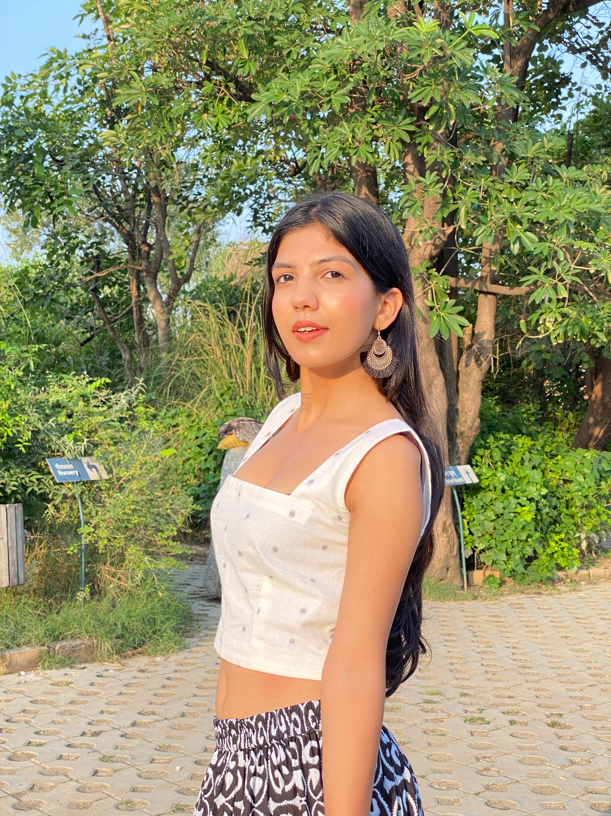 Square Neck White Crop Top with Black Printed Skirt