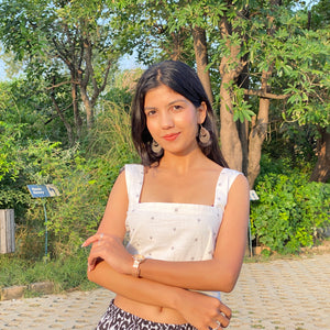 Square Neck White Crop Top with Black Printed Skirt