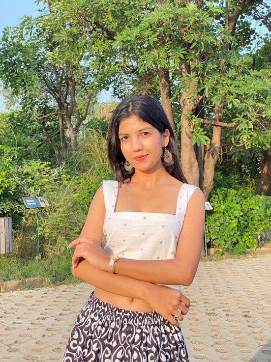Square Neck White Crop Top with Black Printed Skirt
