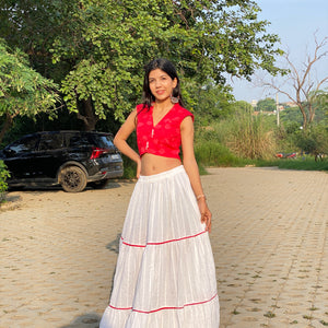 Sweet Red Flower Print Filap Crop Top with White Gathered Kantha Skirt