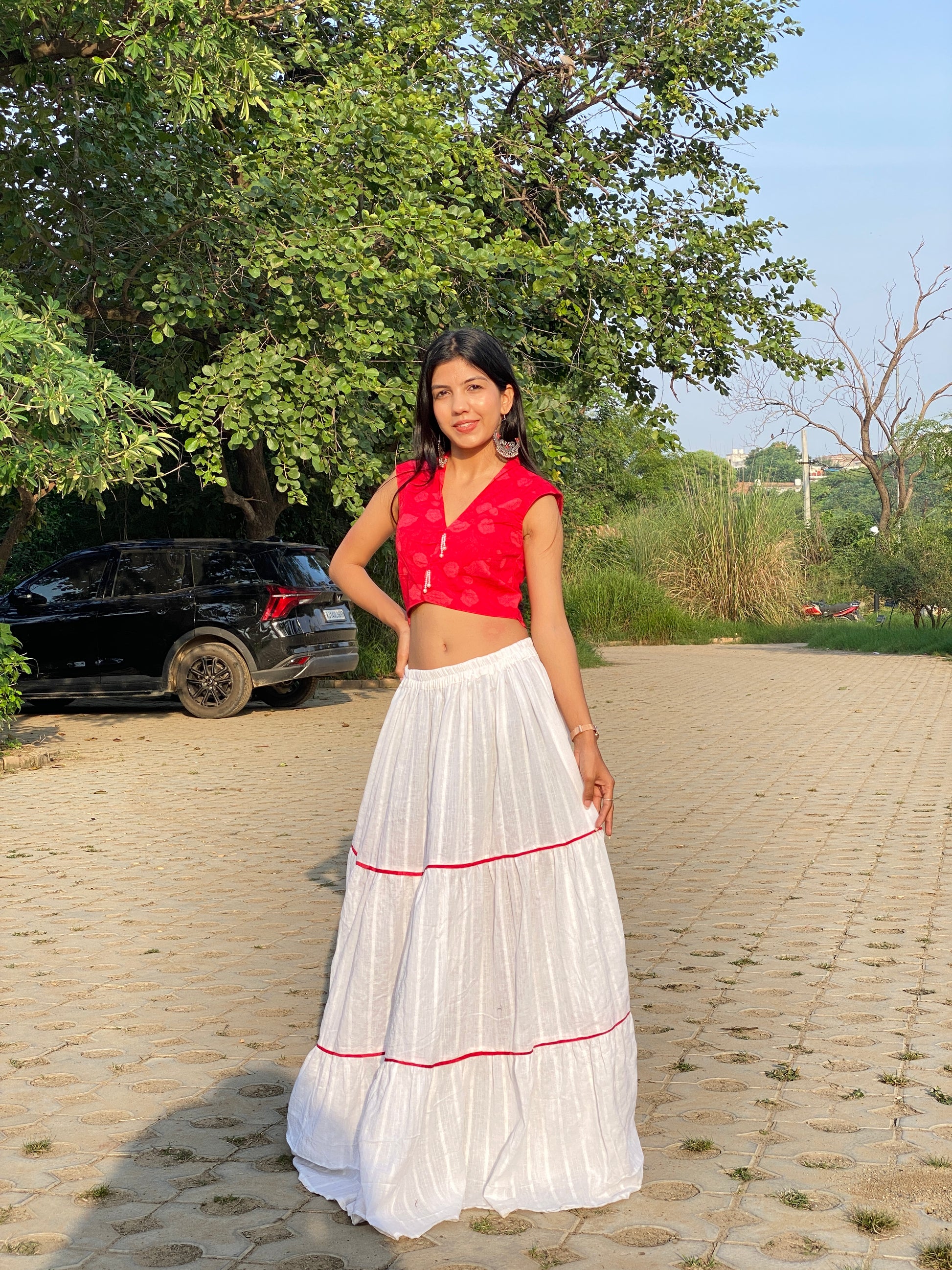 Sweet Red Flower Print Filap Crop Top with White Gathered Kantha Skirt