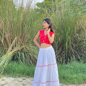 Sweet Red Flower Print Filap Crop Top with White Gathered Kantha Skirt