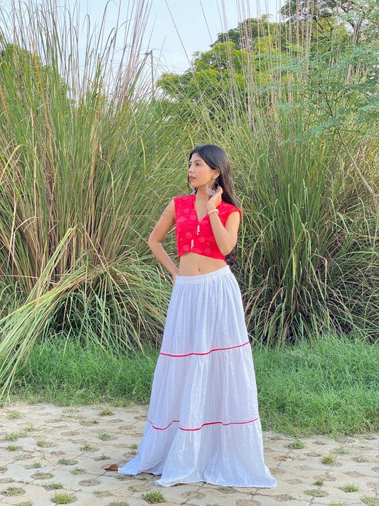 Sweet Red Flower Print Filap Crop Top with White Gathered Kantha Skirt
