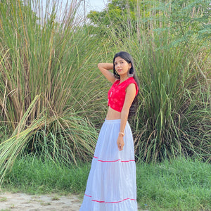 Sweet Red Flower Print Filap Crop Top with White Gathered Kantha Skirt