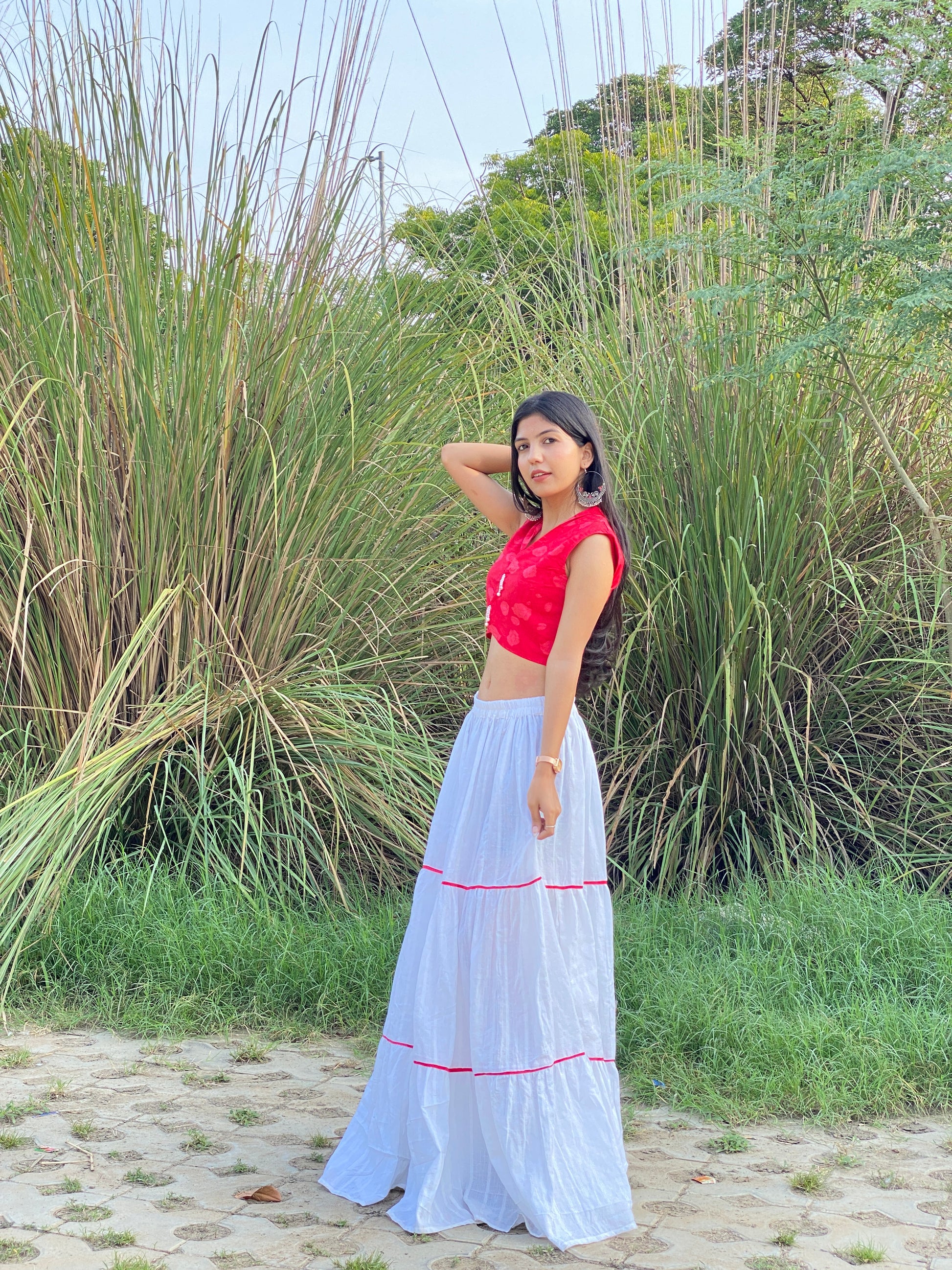 Sweet Red Flower Print Filap Crop Top with White Gathered Kantha Skirt