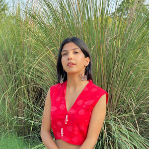 Sweet Red Flower Print Filap Crop Top with White Gathered Kantha Skirt