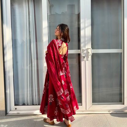 Elegant Maroon Anarkali Set with Digital Print Work