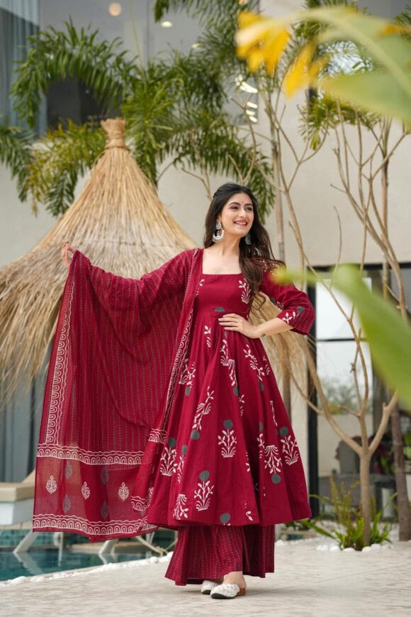 Elegant Maroon Anarkali Set with Digital Print Work