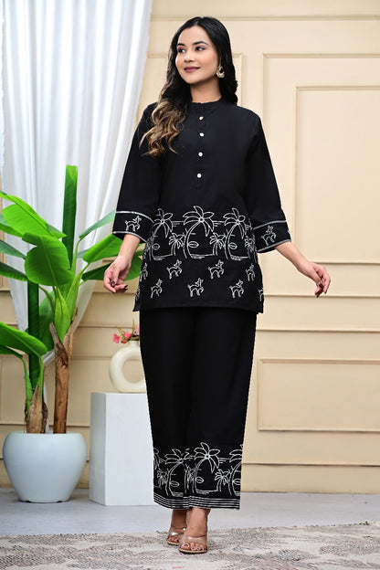 Cotton Stylish Printed Co-ord Set – Kurta with Pant (Black)