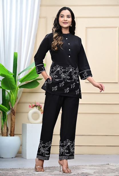 Cotton Stylish Printed Co-ord Set – Kurta with Pant (Black)