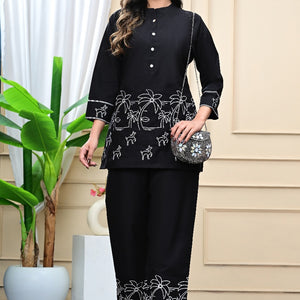 Cotton Stylish Printed Co-ord Set – Kurta with Pant (Black)