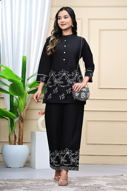 Cotton Stylish Printed Co-ord Set – Kurta with Pant (Black)