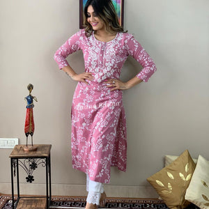 Rayon Embroidered Kurta and Pant Set Pink
