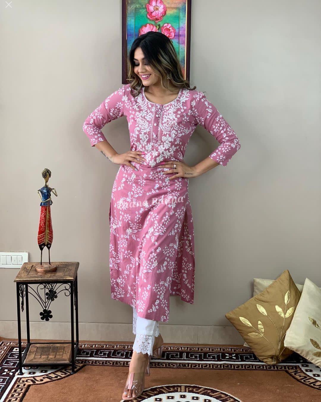 Rayon Embroidered Kurta and Pant Set Pink