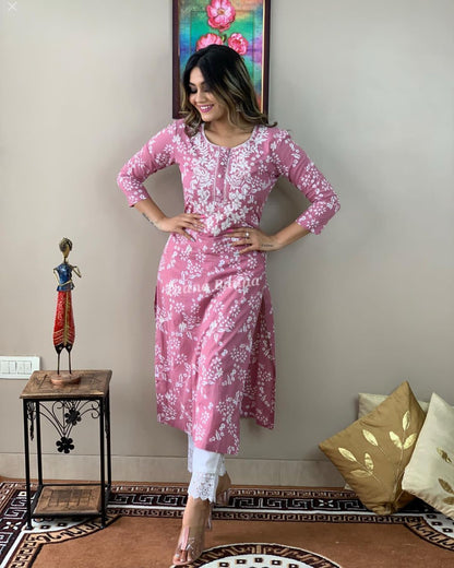 Rayon Embroidered Kurta and Pant Set Pink