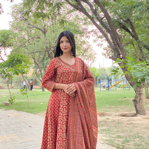 Angrakha-Style Cotton Anarkali Set with Handwork, Pant & Dupatta