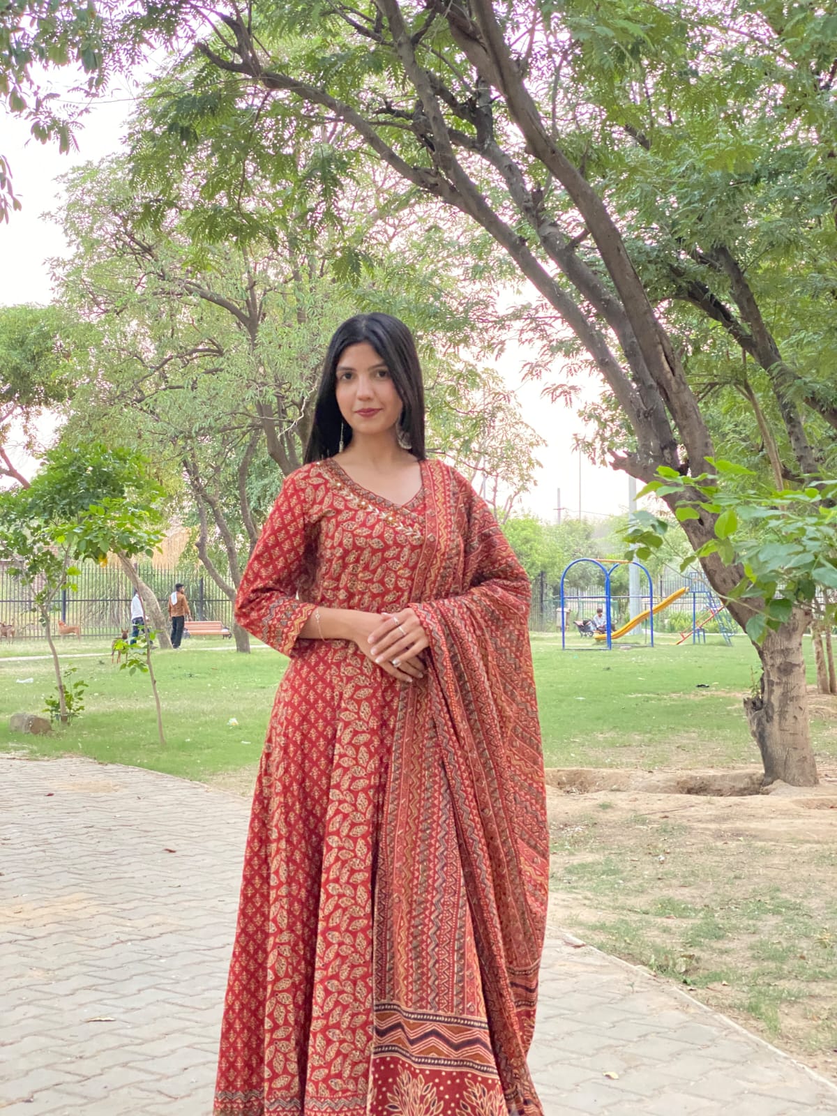 Angrakha-Style Cotton Anarkali Set with Handwork, Pant & Dupatta