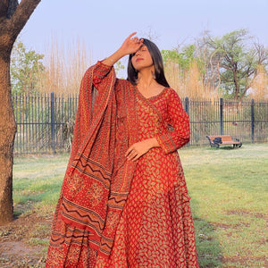 Angrakha-Style Cotton Anarkali Set with Handwork, Pant & Dupatta