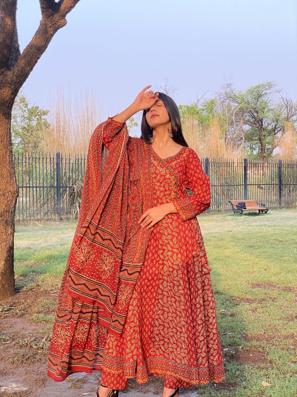 Angrakha-Style Cotton Anarkali Set with Handwork, Pant & Dupatta