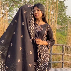 Printed Cotton Kurti Set with Hand Katha Work, Pant & Dupatta