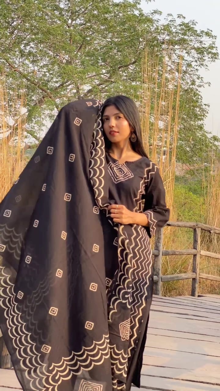 Printed Cotton Kurti Set with Hand Katha Work, Pant & Dupatta