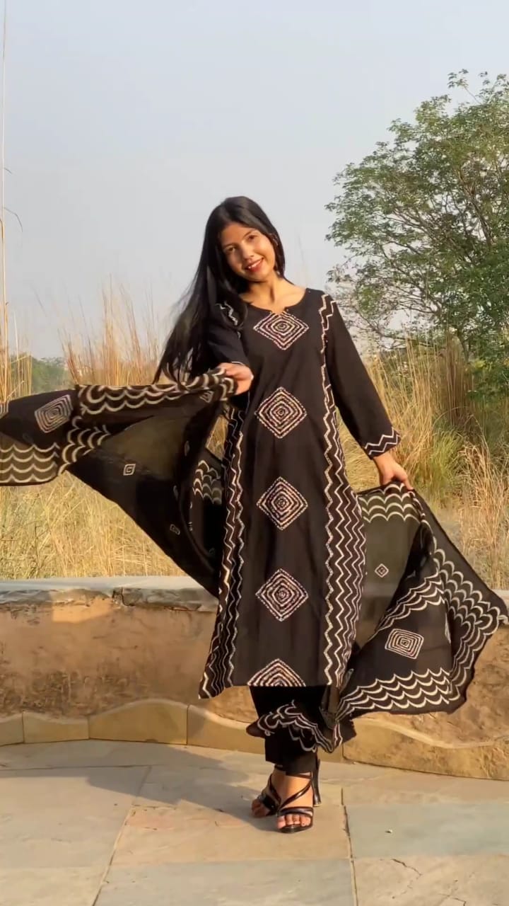 Printed Cotton Kurti Set with Hand Katha Work, Pant & Dupatta