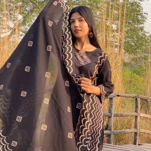 Printed Cotton Kurti Set with Hand Katha Work, Pant & Dupatta