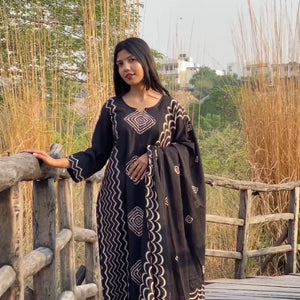 Printed Cotton Kurti Set with Hand Katha Work, Pant & Dupatta