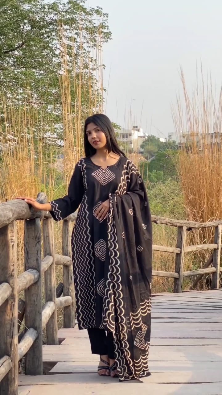 Printed Cotton Kurti Set with Hand Katha Work, Pant & Dupatta