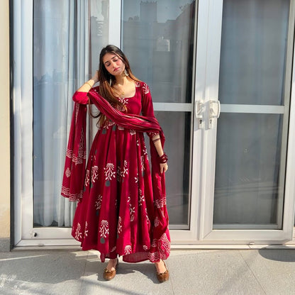 Elegant Maroon Anarkali Set with Digital Print Work