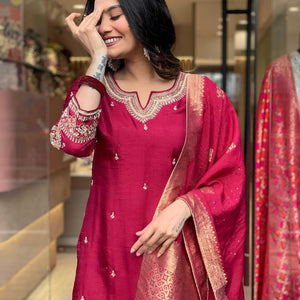 Pure Dola Silk Kurta Set with Handwork, Pants & Embroidered Dupatta