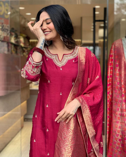 Pure Dola Silk Kurta Set with Handwork, Pants & Embroidered Dupatta