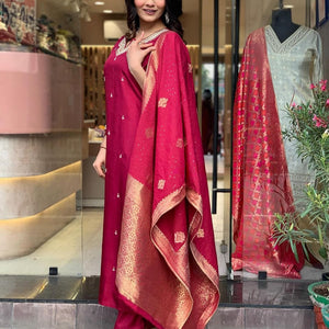 Pure Dola Silk Kurta Set with Handwork, Pants & Embroidered Dupatta