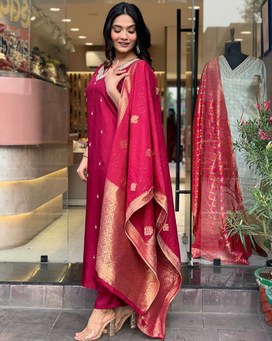 Pure Dola Silk Kurta Set with Handwork, Pants & Embroidered Dupatta