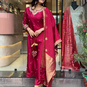 Pure Dola Silk Kurta Set with Handwork, Pants & Embroidered Dupatta
