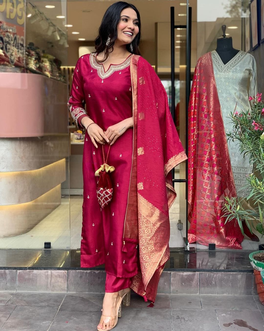 Pure Dola Silk Kurta Set with Handwork, Pants & Embroidered Dupatta