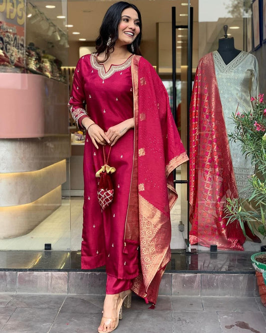 Pure Dola Silk Kurta Set with Handwork, Pants & Embroidered Dupatta