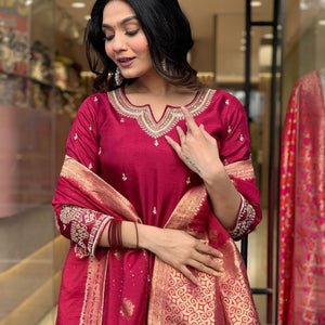 Pure Dola Silk Kurta Set with Handwork, Pants & Embroidered Dupatta