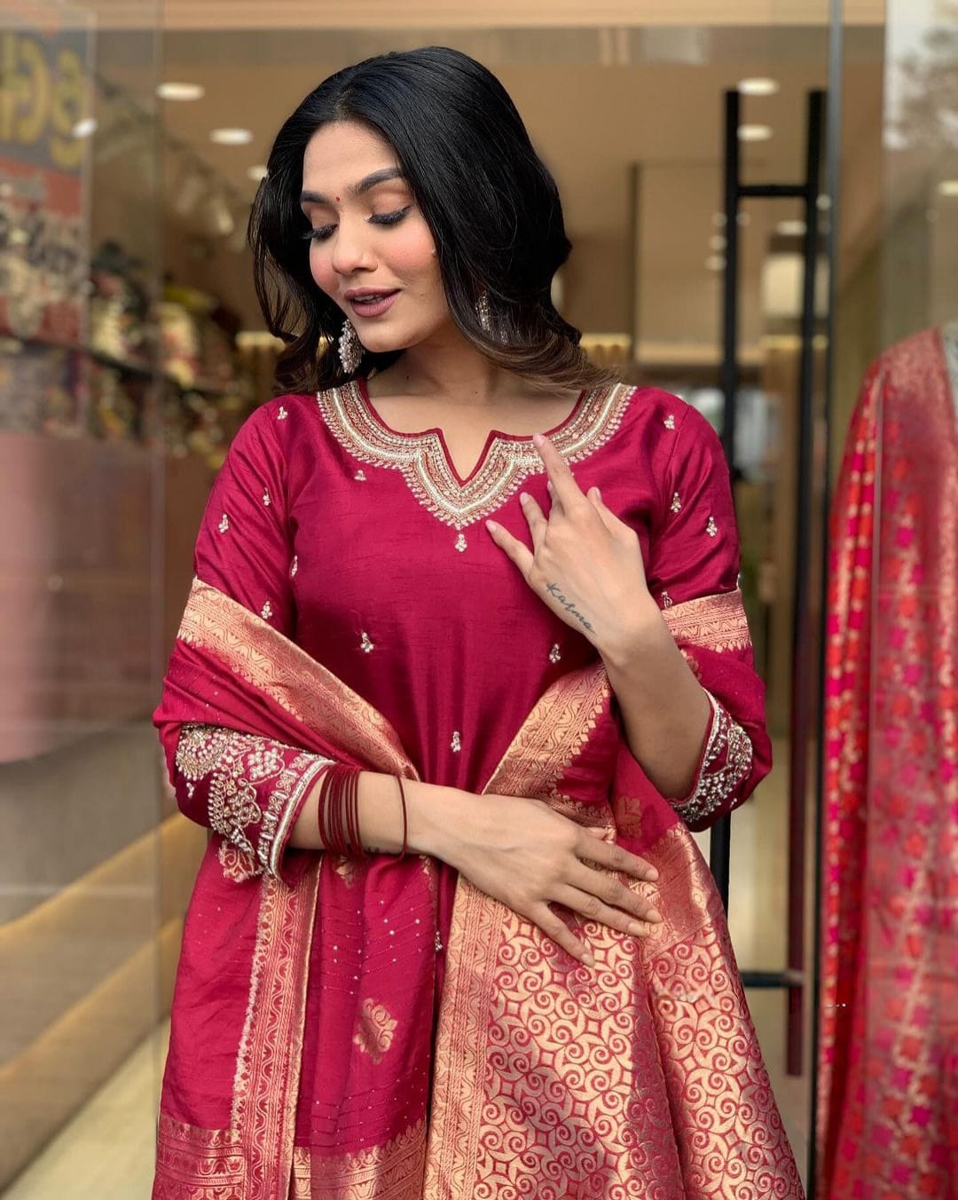 Pure Dola Silk Kurta Set with Handwork, Pants & Embroidered Dupatta