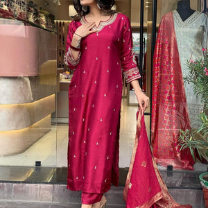 Pure Dola Silk Kurta Set with Handwork, Pants & Embroidered Dupatta