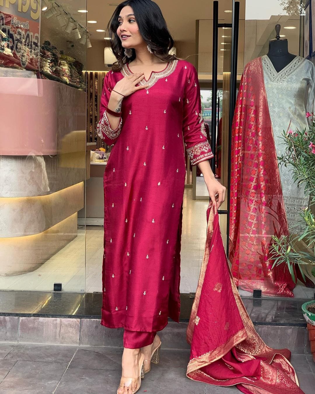 Pure Dola Silk Kurta Set with Handwork, Pants & Embroidered Dupatta