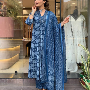 Beautiful Floral Printed Cotton 3-Piece Set (Kurta, Pant & Dupatta)