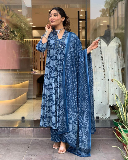 Beautiful Floral Printed Cotton 3-Piece Set (Kurta, Pant & Dupatta)